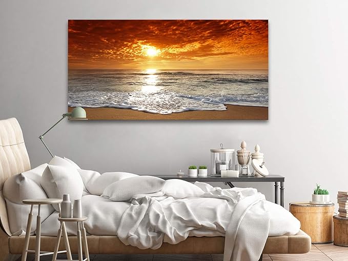 Muolunna S04675 Canvas Prints Wall Art Sunset Ocean Beach Pictures Paintings for Living Room Bedroom Home Decorations Framed Ready to Hang Seascape Waves Artwork 30x60inch