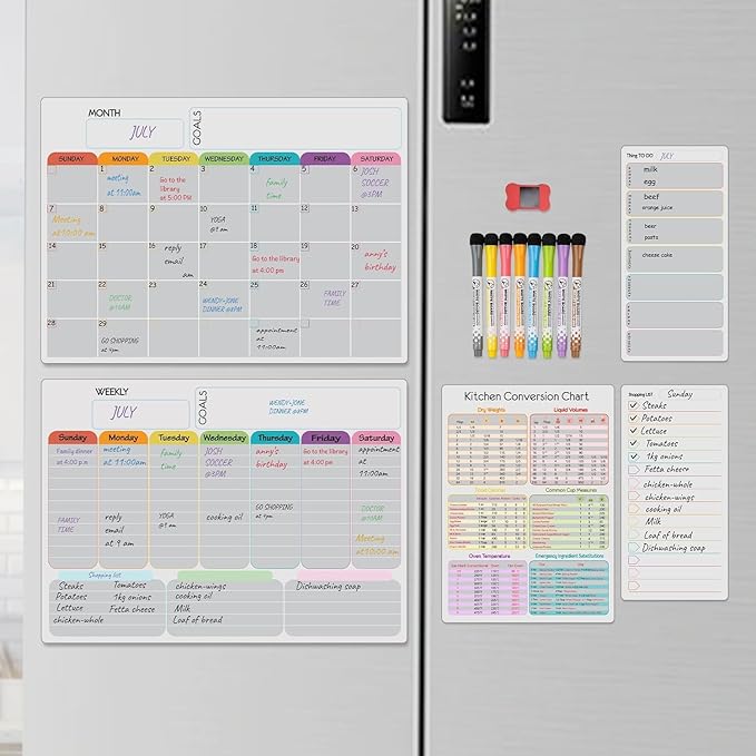 Hivillexun Magnetic Dry Erase Calendar Whiteboard Set (5-Pack) – Includes Monthly Planner, Weekly Planner, Meal Organizer, Conversion Chart, Shopping List – 8 Markers & Eraser for Family Organization