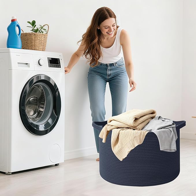 Large Storage Basket with Handle,23.6" x 23.6" x 15.7" Blanket Basket Storage Bins for Organizing,65L Cotton Rope Woven Baskets for Living Room, Nursery,Bedroom,Dark Blue