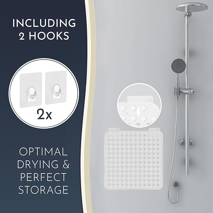 homerella® Shower Mat Non Slip Anti Mold, Non Slip Shower Mats for Inside Shower Stall Anti Slip Mat, Square Shower Floor Mat 21 x 21 in with Suction Cups & Hooks for Quick Drying, Machine Washable