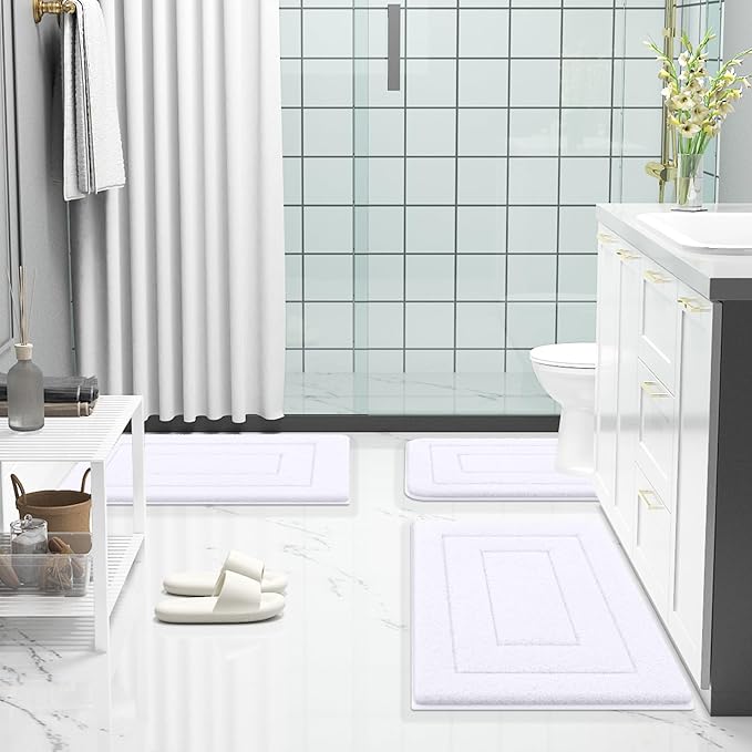 Buganda Bathroom Rugs, 59" x 20", Soft and Absorbent Microfiber Bath Rugs, Non-Slip Shaggy Shower Carpet, Machine Wash Dry Bath Mats for Bathroom Floor, Tub and Shower, White