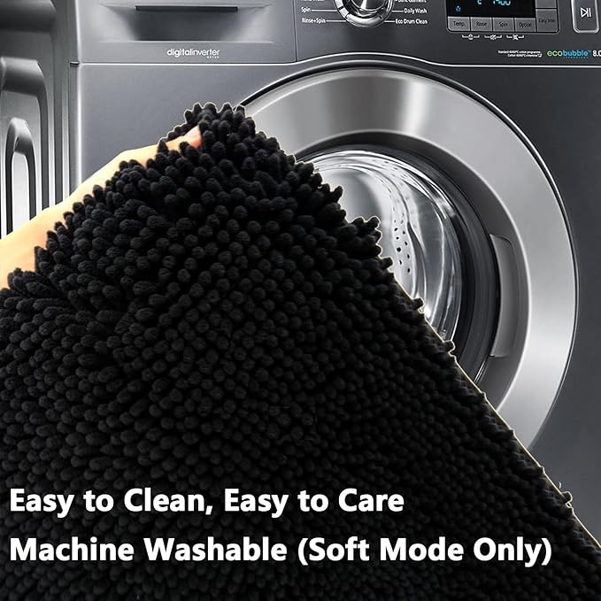 BOANKODU Bathroom Rugs Sets 2 Piece，47X16+16X24Inch，Absorbent Non-Slip Very Soft Chenille Mat,Machine Washable （Black）