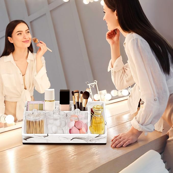 Bathroom Organizer Countertop, White Marble Toothbrush Holders for Bathrooms with 3PCS Qtip Holder Dispenser, Toothbrush and Toothpaste Holder for Bathroom Counter Organization Storage Vanity