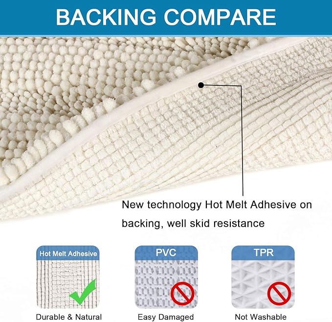 H.VERSAILTEX Bath Mats for Bathroom Non Slip Extra Thick Chenille Striped Bath Rug 24" x 36" Absorbent Non Skid Fluffy Soft Shaggy Rugs Washable Dry Fast Plush Mats for Indoor, Bath Room, Tub - Cream
