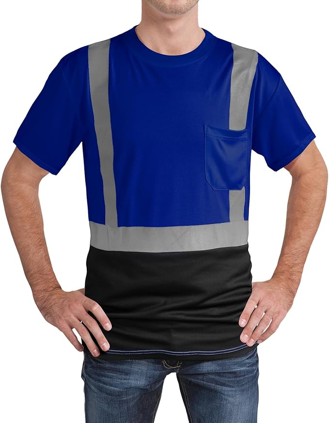 High Visibility Shirts Quick Dry Safety T Shirts with Reflective Strips and Pocket Short Sleeve Mesh Hi Vis Construction Work Class 2 Shirt for Men/Women Black Bottom Blue,3XL
