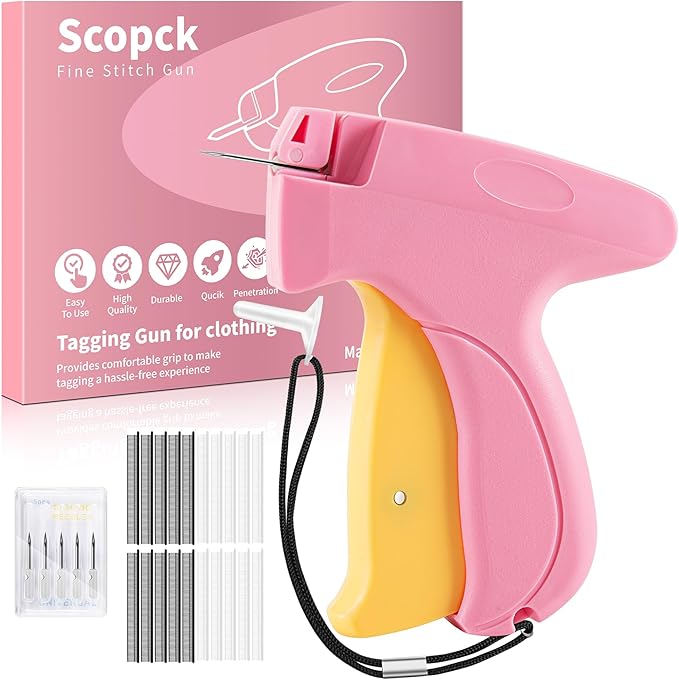 Stitch Gun for Clothes - Handheld Stitch Gun Quick Clothing Fixer - Mini Sewing Kit Micro Tagging Gun - Includes 6 Needle, 1000 Black Fasteners and 1000 White Fasteners (Pink-Yellow)