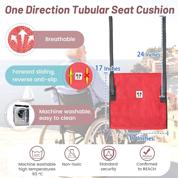One Direction Tubular Seat Cushion with Handles for Fall Prevention,Non Slip Seat Cushion for Elderly/Disabled in Chair/Wheelchair,17"x17" (Red-with Handles)