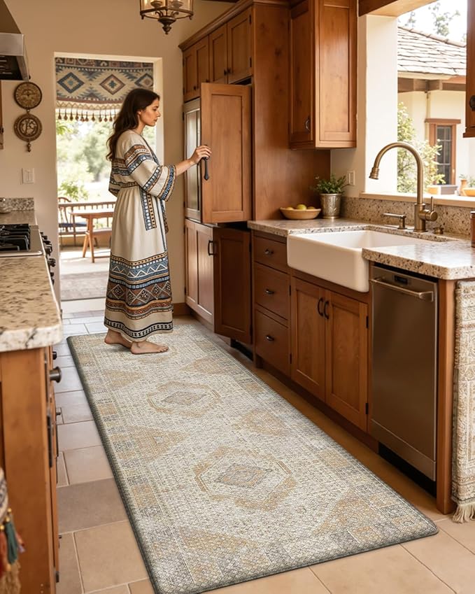 DEXI Kitchen Floor Mats Anti Fatigue, 23x59 Large Cushioned Vintage Runner Rug Waterproof, Standing Comfort Memory Foam Padded for Front Sink Laundry Office, Beige and Light Orange