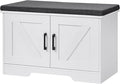 2-Tier Storage Bench, 27.6" Wide Shoe Bench with Padded Seat Cushion, Entryway Bench with 2 Barn Doors and Adjustable Shelf, White