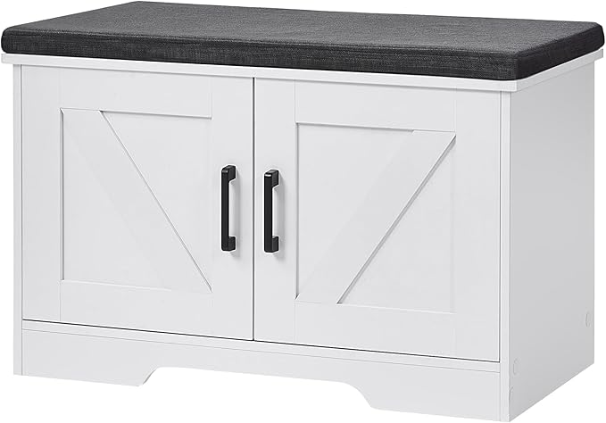 2-Tier Storage Bench, 27.6" Wide Shoe Bench with Padded Seat Cushion, Entryway Bench with 2 Barn Doors and Adjustable Shelf, White
