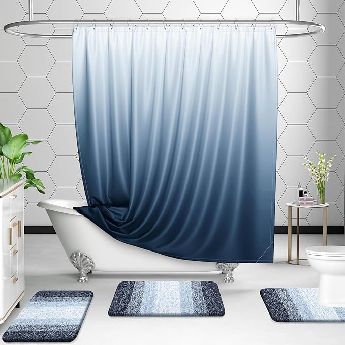 OLANLY Bathroom Rug Set 2 Piece, Soft Absorbent Microfiber Bath Rug Set, Non-Slip, Machine Wash Dry, Plush Shaggy Bath Mats for Bathroom (30"x20"+24"x16", Dark Blue)