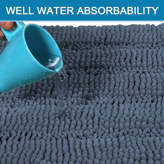 H.VERSAILTEX Bathroom Rug Sets 2 Piece Bath Mats Non Slip Thick Soft Chenille Striped Bath Rug achine Washable Shower Floor Rugs for Tub, Shower and Floor (Blue Indigo, 47" x 17"/17" x 24")