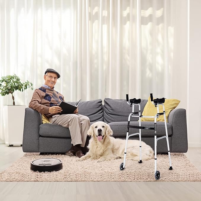 Goplus Walkers for Seniors, Foldable Standard Walker with 5’’ Wheels and Removable Padded Armrests 440lbs, Lightweight Walking Mobility Aid, Folding Platform Walker for Elderly, Handicap, Disabled