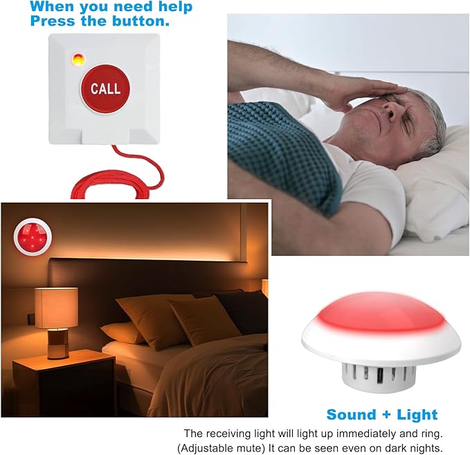 Bathroom Pull Cord Alarm with Call Bell Button Emergency Call Light System for Elderly Senior Caregiver Pager Disabled Person Toilet Alarm with 1 SOS Button and 1 Strobe Siren Receiver