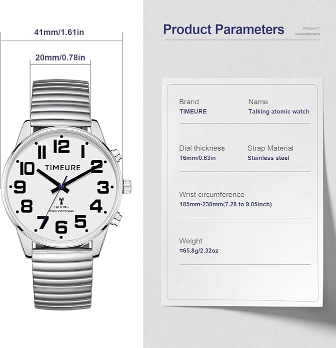 Men's Atomic Talking Watch, Talking Time/Date/Day, Alarm Setting, Automatically Calibrates, for Visually Impaired and Elderly, 2309M(Silver)