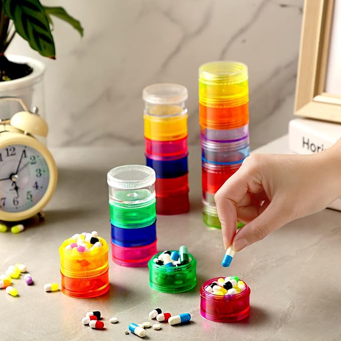 Sieral 7 Days Stackable Pill Organizers 7 Compartments Round Pill Boxes Tower Weekly Vitamin Individual Storage Containers Travel Cases with Lids for Medications, Vitamins and Supplements(4 Sets)