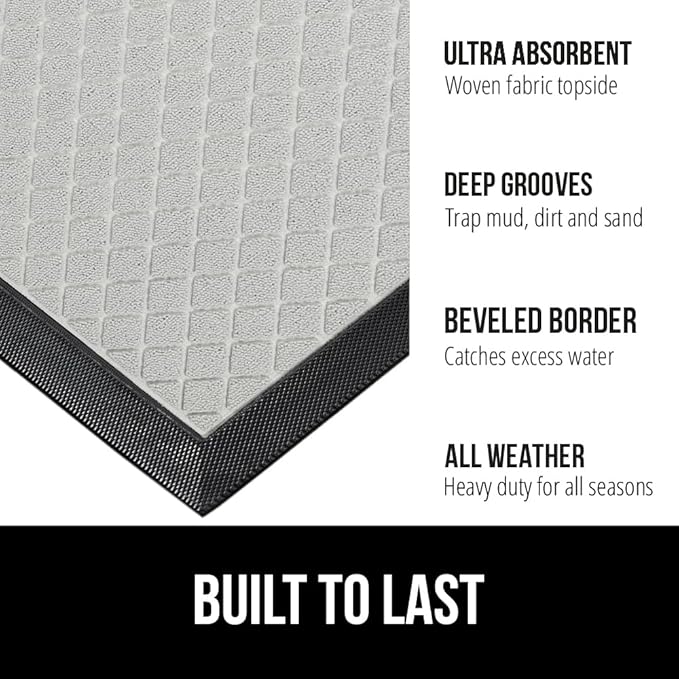 GORILLA GRIP 100% Waterproof All-Season WeatherMax Doormat US Designed Natural Rubber, Stain and Fade Resistant, Low Profile Indoor Outdoor Door Mats, Easy Clean Patio Mat, 17x29, Light Gray