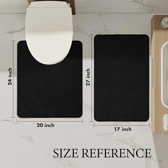 MIULEE Set of 2 Ultra Thin Bathroom Rugs, Rubber Bath Mat, U-Shaped Toilet Rug for Bathroom, Non Slip Quick Dry Absorbent Machine Washable, Fit Under Door, Shower, Sink, Black, 17"x27"+20"x24"