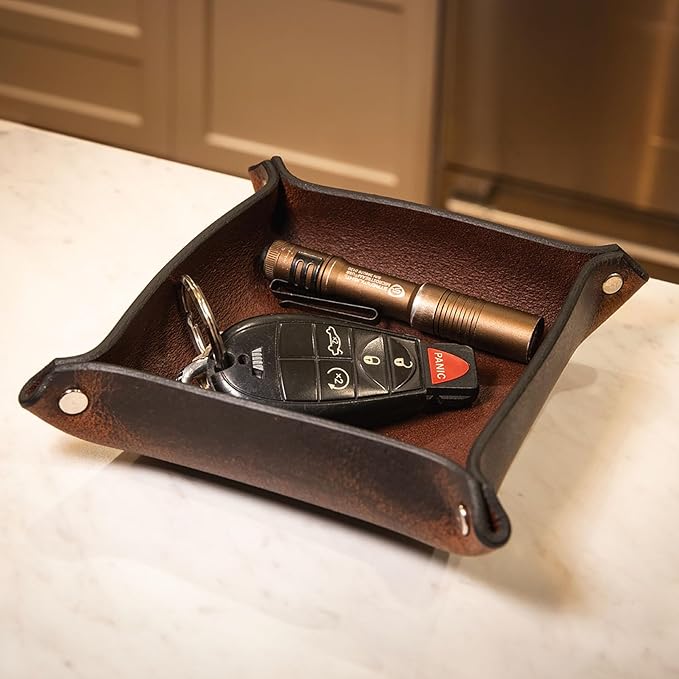 Valet Tray – Full-Grain Leather Catchall Organizer for Keys, Phone & Wallet – Rustic Nightstand & Desk Tray with Raised Sides – Handmade in USA (Vintage Brown, Small Square)