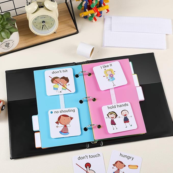 Ctosree 246 Pcs Communication Book Small Tools for Visual Schedule Picture Cards Include 3 Ring Binder Dividers 100 Adhesive Labels 5 Card Dividers for Kids ADHD(Multi Color)