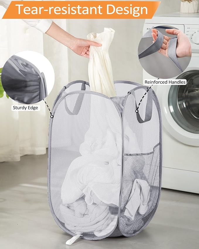 2 Pcs Durable Collapsible Laundry Baskets - Reinforced Mesh Pop Up Laundry Hamper with Pocket, Foldable Dirty Clothes Hamper with Carry Handles for Laundry, Bathroom, Kids Room, Dorm or Travel Grey