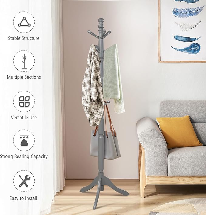 Tangkula Wood Coat Rack Freestanding, Entryway Height Adjustable Coat Stand with 9 Hooks & Stable Tri-Legged Base, Rubber Wood Coat Tree Hall Tree Coat Hanger for Home Office Hall Entryway (Grey)