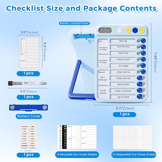 Magnetic Chore Chart for Kids with Timer, Visual Schedule for Kids, ADHD Tools for Kids to Do List, Checklist with 99-Min Countup/Countdown Chore Board with Sliders & Dry-Erase Sheets (Blue)