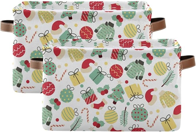 Christmas Storage Basket Tree Candy Canes Socks and Gift Storage Bins Organizer Bag Collapsible Closet Shelf Baskets Cube with handle for Cloth Book 14.2×10.2×8.3 IN
