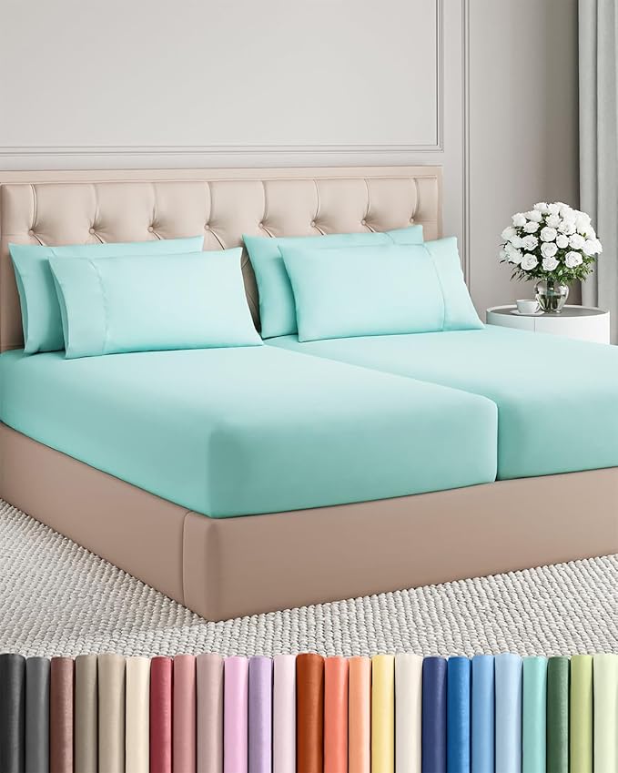 Split King 7 Piece Sheet Set - Cooling and Breathable Bed Sheets - Hotel Luxury Bed Sheets for Women, Men, Kids & Teens - Deep Pockets - Easy Fit - Soft and Wrinkle Free - Split King Spa Blue Sheets