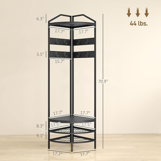 HOMCOM Corner Hall Tree, Industrial 4-Tier Coat Rack with Shoe Storage, 8 Movable Hooks and 2 Storage Shelves, Freestanding Entryway Coat Rack with Steel Frame for Hallway, Black