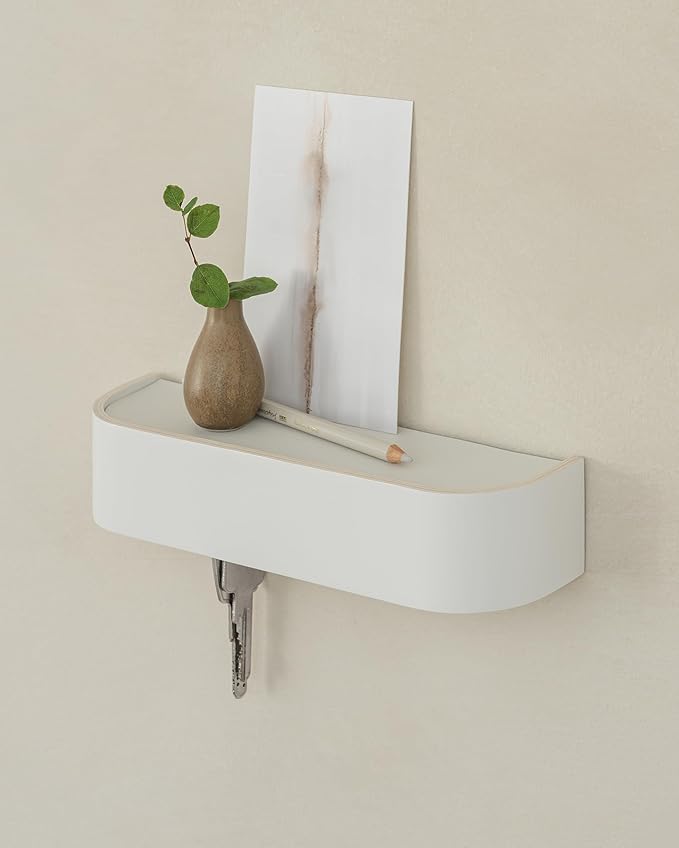 Kazai. Key Holder 'Toke' | Minimalist Key Hook Design from Berlin | Modern Key Holder Wall Mount with Wooden Shelf | Key Rack for Wall as Entryway Organizer | White