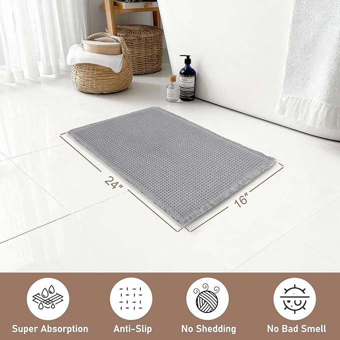 Hiasan Waffle Bath Mat, Super Absorbent Non Slip Bathroom Boho Rug with Tassels, Machine Washable Bath Mats for Bathroom, Ultra Soft Rubber Backed Rug, Grey, 16 x 24 Inches