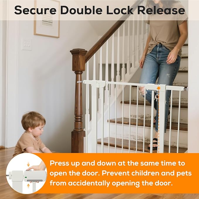 29.5-54.2" Baby Gate for Stairs, Baby Safety Essentials, Auto Close Gate for Doorways, Easy Install Pressure Mounted Dog Gate Indoor, Pet Gates for Dogs, White