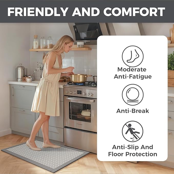 Anti Fatigue Kitchen Rugs Mat Non Slip Washable, 0.4" Thick Soft Cushioned Absorbent Kitchen Mats for Floor, Jute-Like Woven Laundry Standing Mats Sink Mat, Easy Clean Care, Gray 17"x30"