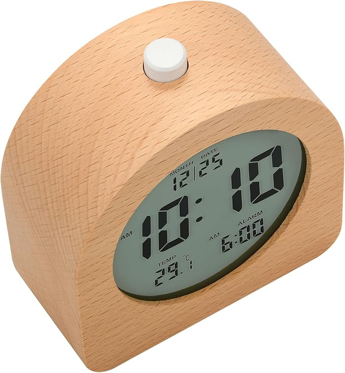 Plumeet Wooden Digital Alarm Clock for Bedrooms, Wood 4'' Battery Powered Alarm Clock with Snooze and Nightlight, Electronic LCD Desk Clock Display Time, Date, Temp, 12/24H, Wood Décor, Round, Brown