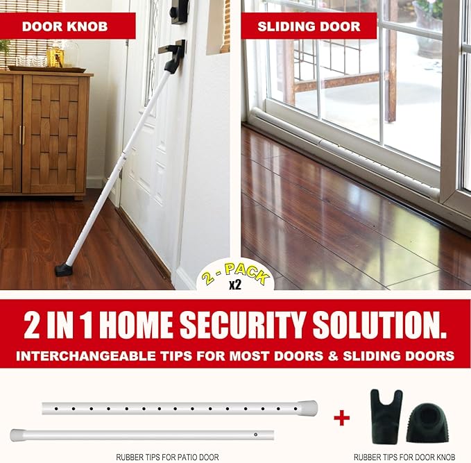 SECURITYMAN 3-in-1 Door Security Bar & Sliding Patio Door Security Bar (2 Pack) via Interchangeable Caps - Heavy Duty Iron Door Stoppers for Home, Apartment, Travel Hotel, Sliding Windows - White