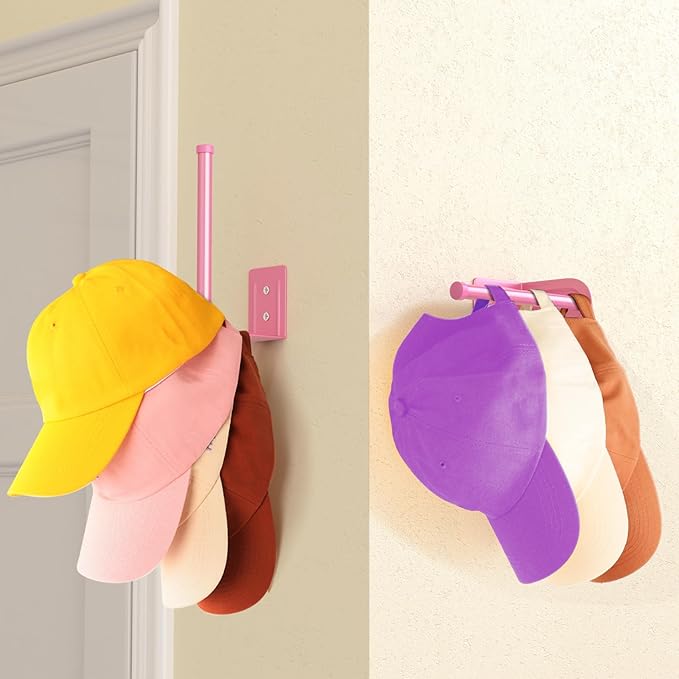 2 Pack Hat Racks for Baseball Caps, Stainless Steel Hat Organizer for Baseball Cap, Hat Holder Storage Organizer, Hat Hanger Strong Adhesive/Wall Drilled for Door, Bedroom, Closet(Pink 6 in)