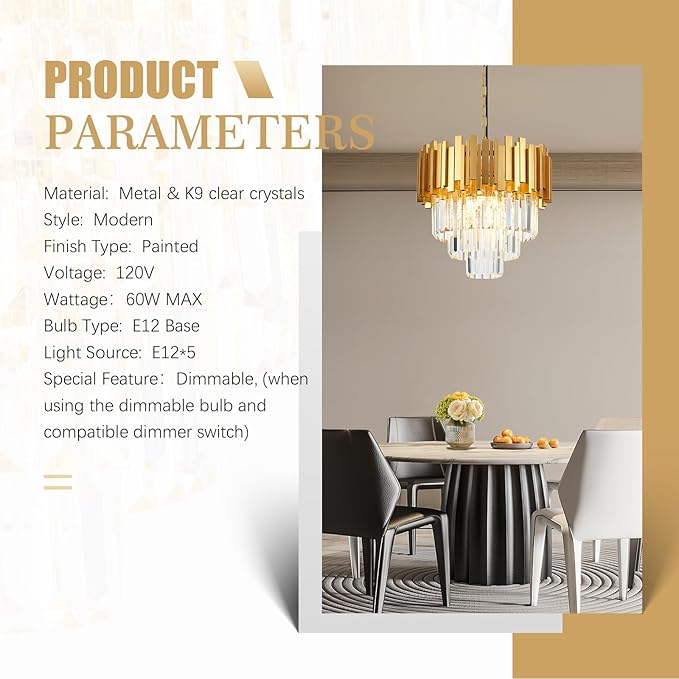 3-Tier 15.8" Crystal Gold Chandelier Modern Crystal Pendant Chandeliers 5 Lights Round Hanging Lighting for Dinning Room Kitchen Island Bedroom Living Room Foyer Entryway, E12