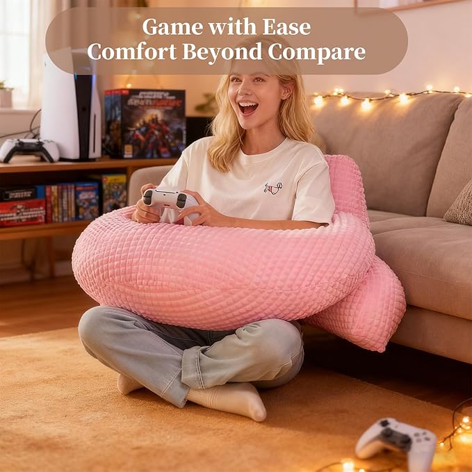 Reading Pillow for Bed,U Shaped & Back Support Pillow for Bed,17" Backrest with Lumbar & Arm Support,Comfy Flannel Fabric,Lap Pillow for Gaming/Reading/Watching TV,Pink
