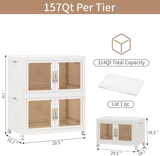 Large Clear Stackable Storage Bins with Lids, 942QT-157QT*6Tier Foldable Cabinet for Closet Organizers, Plastic Storage Box with Wheels White
