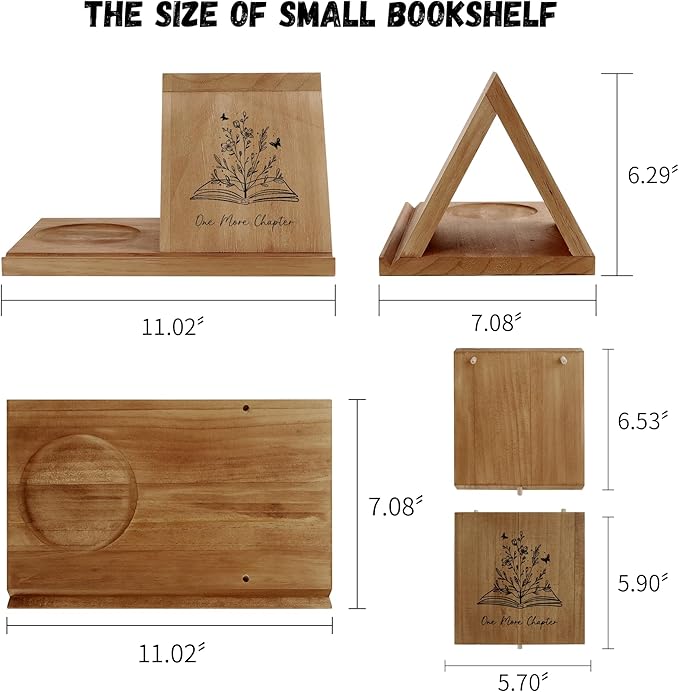 Wooden Triangle Bookmark, Small Bookshelf with Drink Holder, Wood Book Reading Rest with Slotted, Book Corner Display Triangle Book Holder (Brown)
