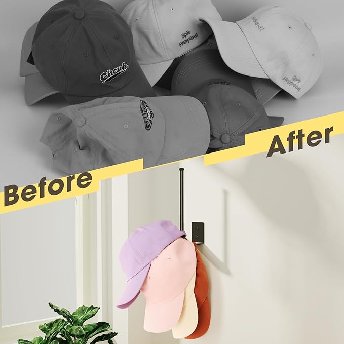 2 Pack Black Hat Racks for Baseball Caps, Stainless Steel Hat Organizer for Baseball Cap, Hat Holder Storage Organizer, Hat Hanger Strong Adhesive/Wall Drilled for Door, Bedroom, Closet(8.26 in)