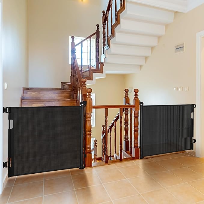 2-Pack Retractable Baby Gate for Stairs-33”Height, Expands up to 55”Width-Safety Gate for Infants, Toddlers, Dogs & Pets-Easy Install, Secure Closure, Black Mesh Design for Indoor & Outdoor Use