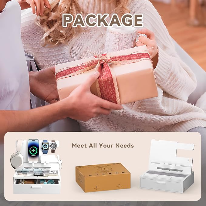 Pezin & Hulin Wooden Charging Station, Bedside Nightstand Tray, with Spacious Drawer, Felt Pads for Phones, Watch, Idea Gifts for Him Birthday, Son, Christmas for Papa Fathers Day (White)