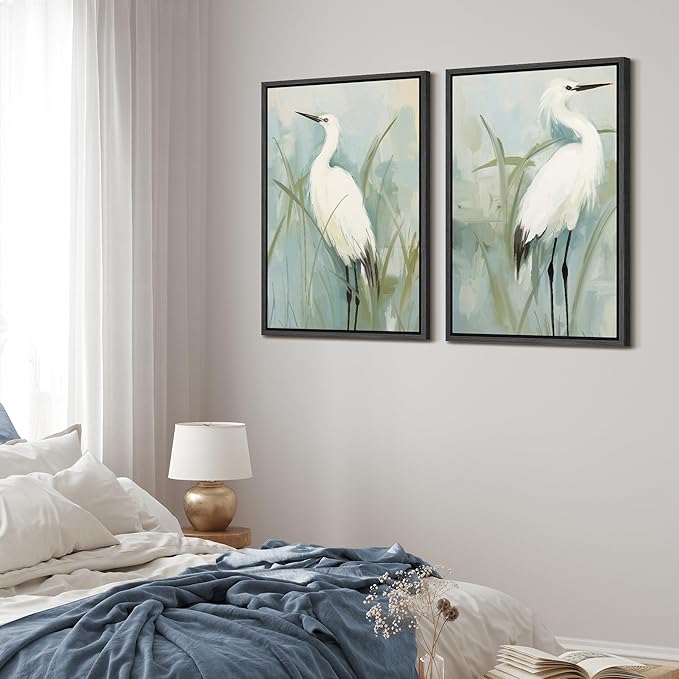 MUDECOR Framed Canvas Print Wall Art White Heron Pair in Marsh Coastal Illustrations Modern Art Decorative Bohemian Colorful for Living Room, Bedroom, Office - 24"x36"x2 Black