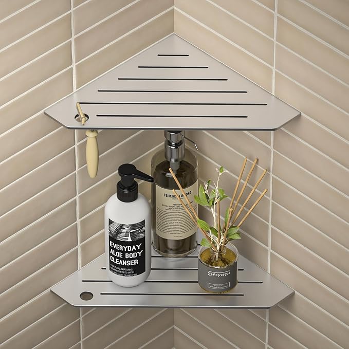 Corner Shower Shelves, Pentagonal Grout in Shelf w/Razor Holding Hole, 304 Stainless Steel Bathroom Shelf (Brushed)