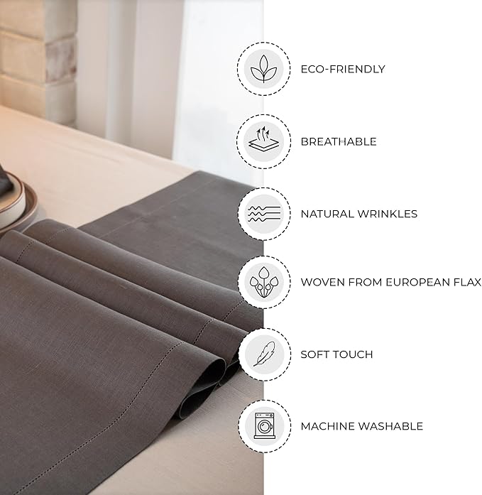 D'Moksha Homes Linen Charcoal Grey Table Runner 90 Inches Long - Classic Hemstitch 100% Pure Linen Dining Table Runner 14 x 90 Inch for Spring, Easter