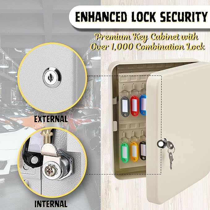 Flexzion Key Box Wall Mount with Code, Key Cabinet with 60 Key Holder Organizer Locker Case, Colored Key Tags & Hooks Wall Mounted Lock Box for Keys Storage, Homes, Property, Hotels, Business (Gray)