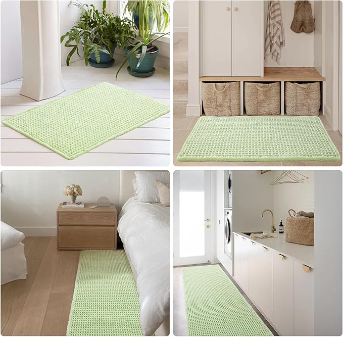 Waffle Runner Rug Bathroom, Boho Bathroom Rugs Non Slip Washable Long Super Absorbent Quick Dry Cute Bath Mat Farmhouse Bath Mat, 60"x24" Pale Green
