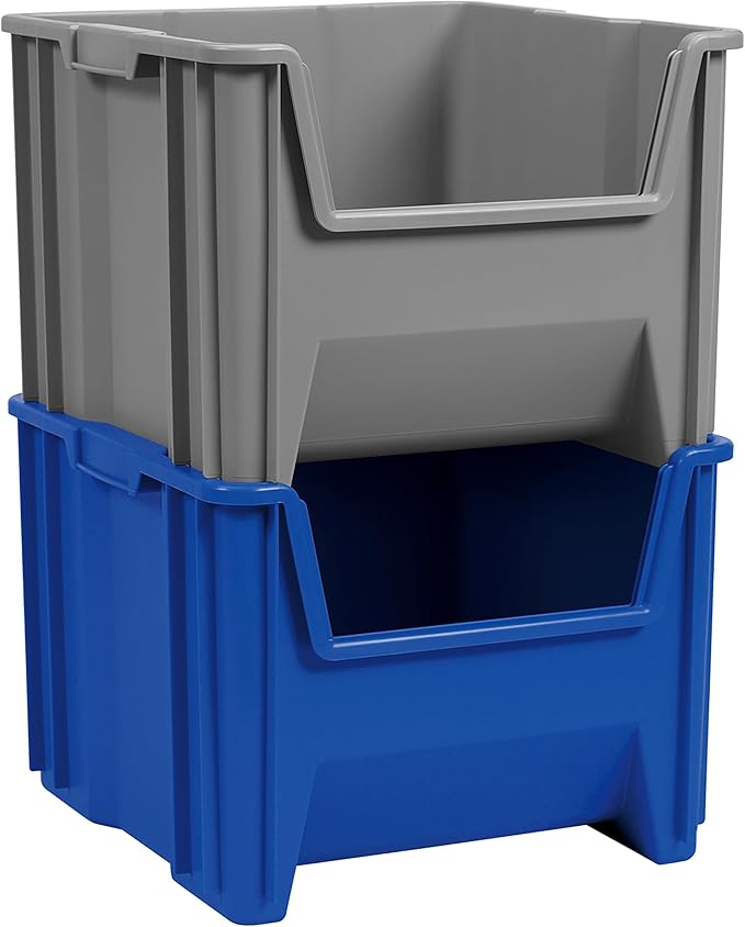 Akro-Mils 13018 Stak-N-Store Heavy Duty Stackable Open Front Plastic Storage Container Bin, (17-1/2-Inch x 16-1/2-Inch x 12-1/2-Inch), Blue, (2-Pack)